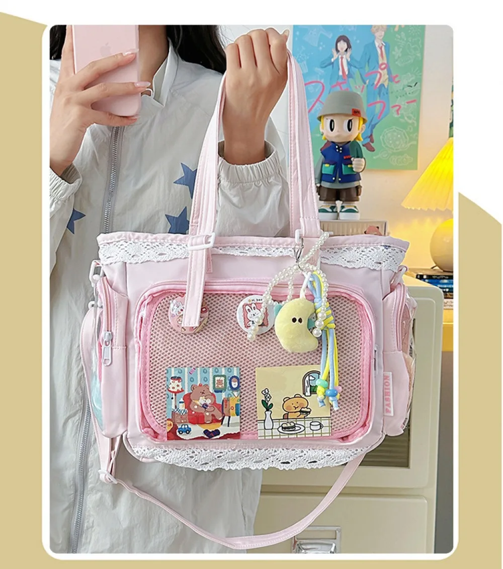 Kawaii Yellow Lace Ita Bag Tote Bag Large Capacity Clear Window Anime Pin Badge Display Shoulder Bag Lolita Cute Handbag for Com