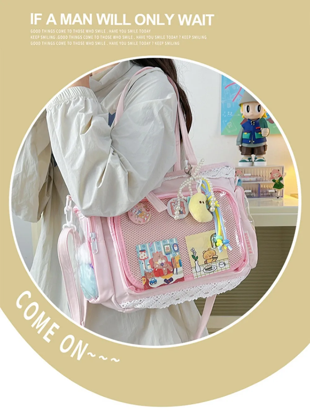 Kawaii Yellow Lace Ita Bag Tote Bag Large Capacity Clear Window Anime Pin Badge Display Shoulder Bag Lolita Cute Handbag for Com