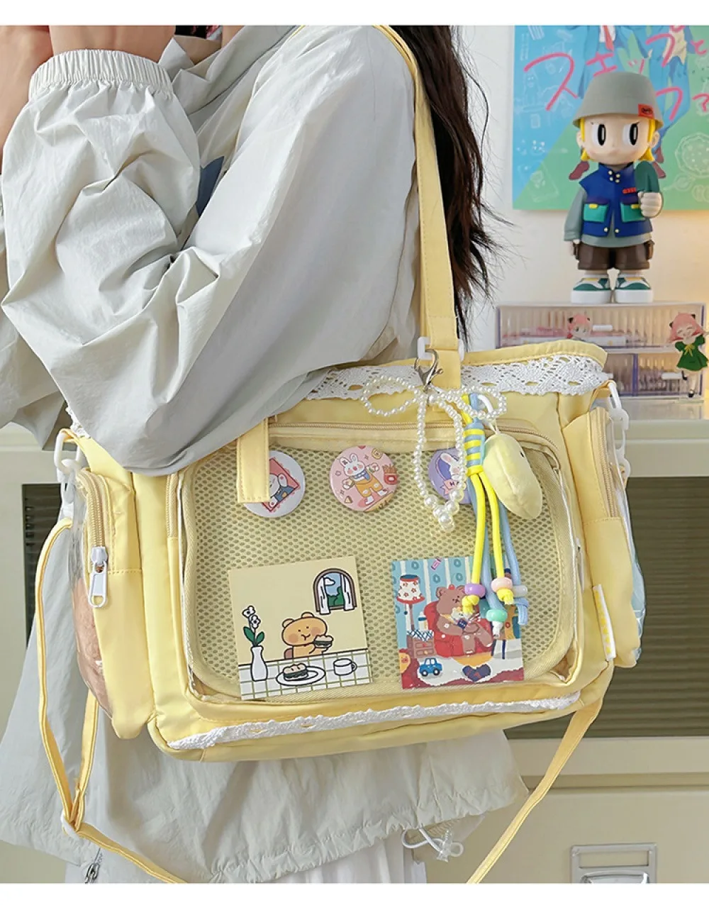 Kawaii Yellow Lace Ita Bag Tote Bag Large Capacity Clear Window Anime Pin Badge Display Shoulder Bag Lolita Cute Handbag for Com