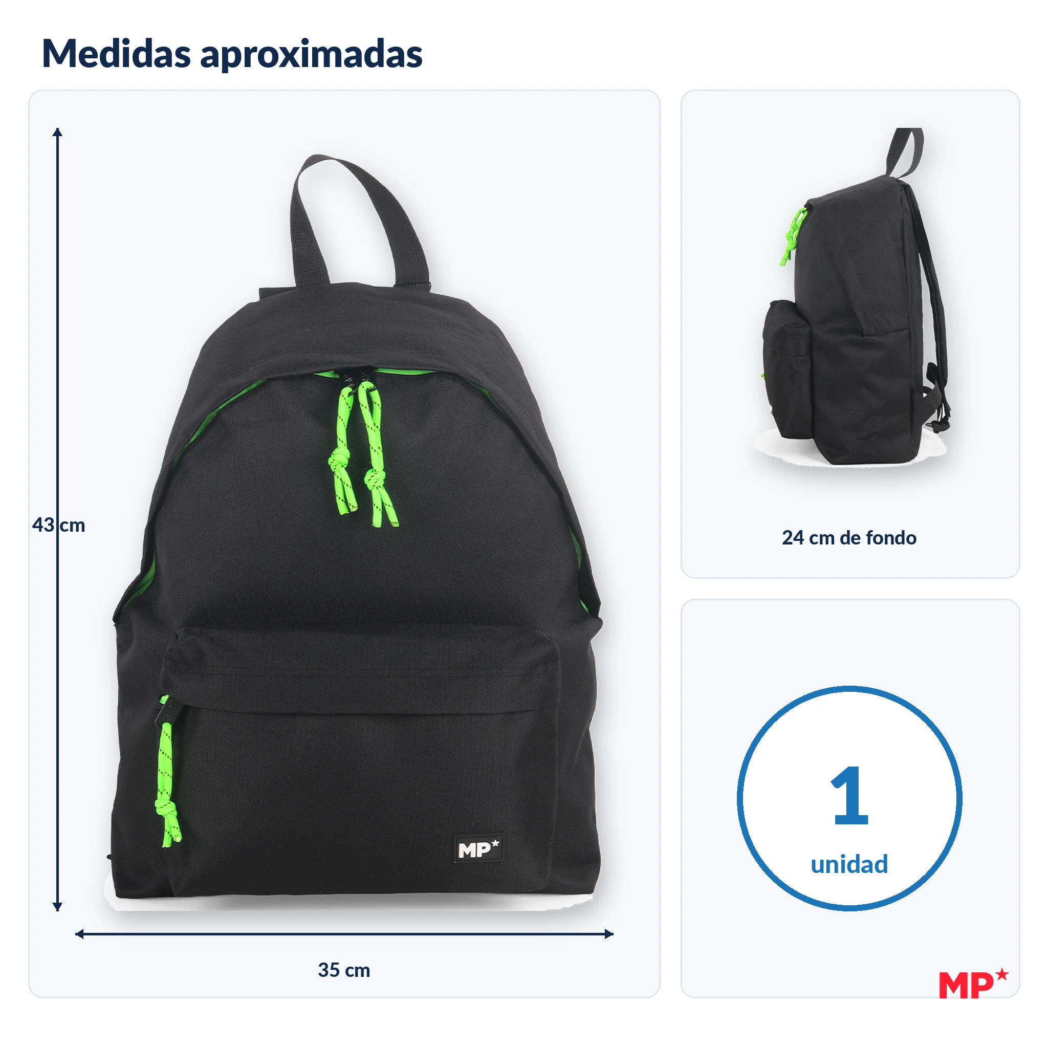 Mp | Spanish Brand | Casual Black Backpack for Men | Youth School Backpack for Institute and University (43X35X24 cm) | Large Capacity with Compartments and Side Pocket