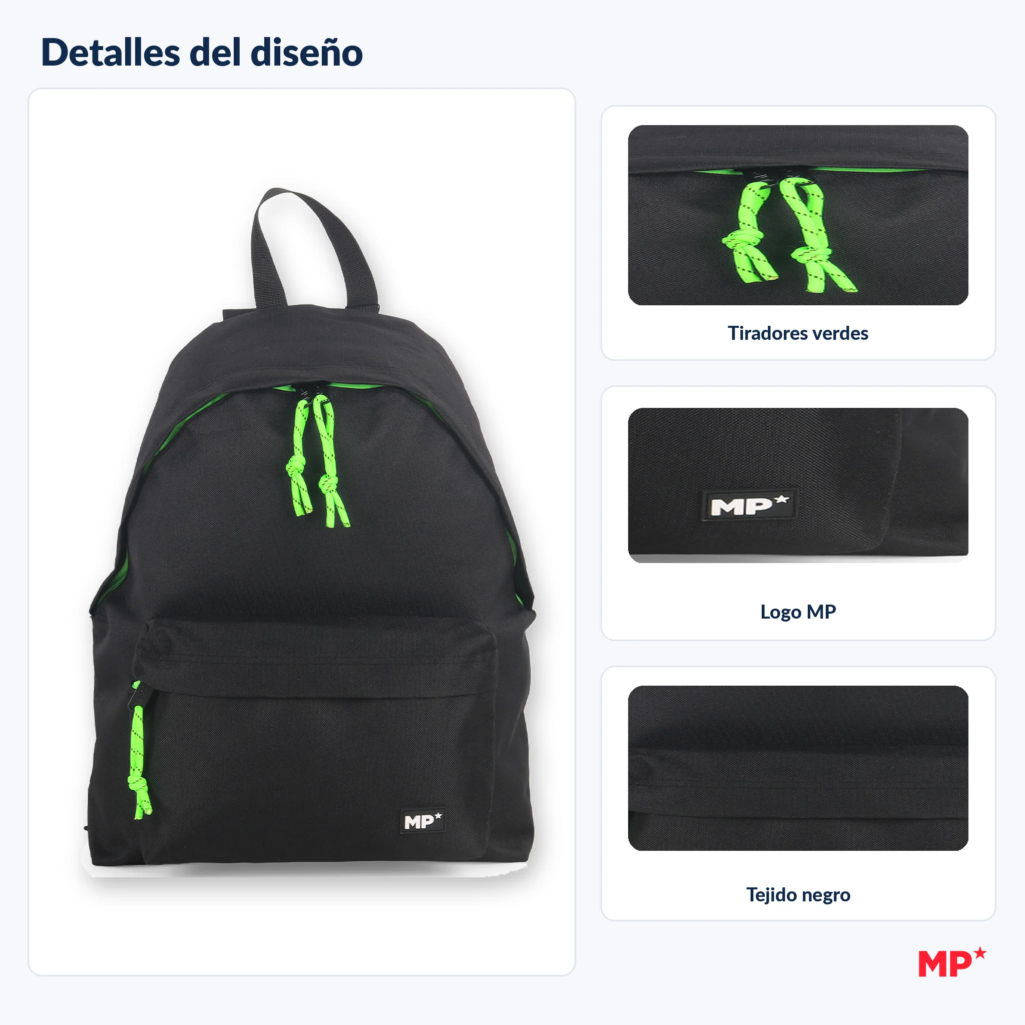 Mp | Spanish Brand | Casual Black Backpack for Men | Youth School Backpack for Institute and University (43X35X24 cm) | Large Capacity with Compartments and Side Pocket
