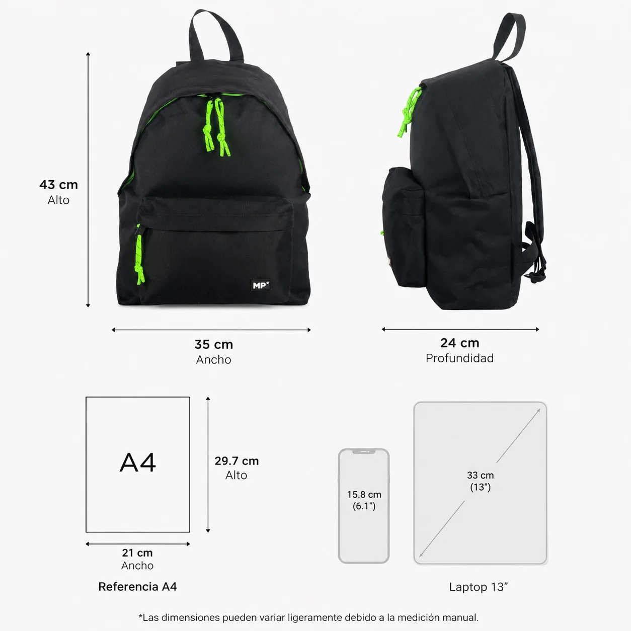 Mp | Spanish Brand | Casual Black Backpack for Men | Youth School Backpack for Institute and University (43X35X24 cm) | Large Capacity with Compartments and Side Pocket