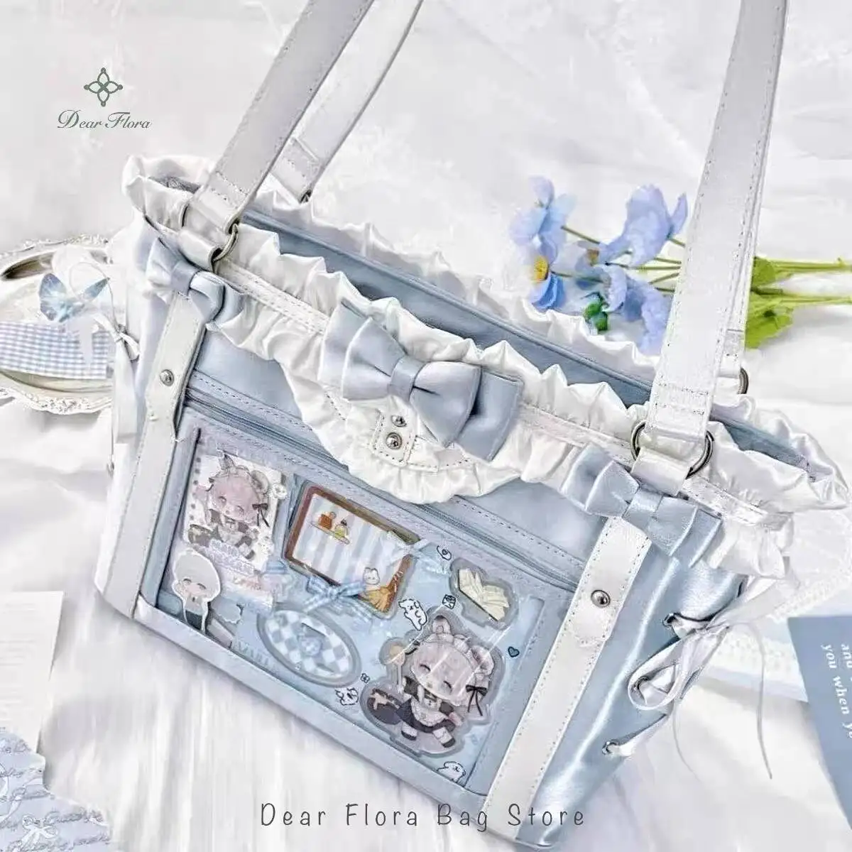 Japanese Sweet Women Ribbon Ita Bag Cute Lolita Girl Transparent Handbags Fashion Large Capacity Tote Bag Aesthetic Shoulder Bag