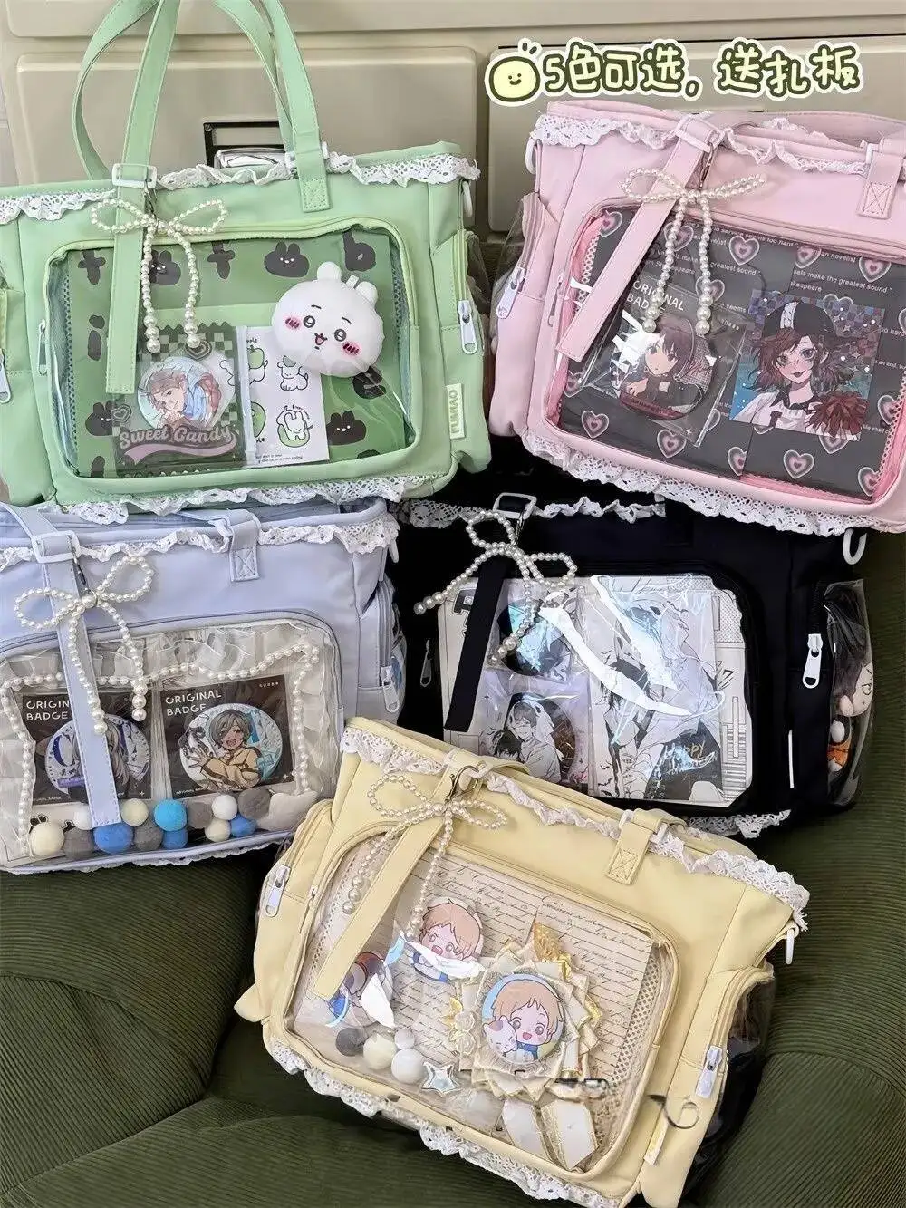Japanese Sweet Women Ribbon Ita Bag Cute Lolita Girl Transparent Handbags Fashion Large Capacity Tote Bag Aesthetic Shoulder Bag