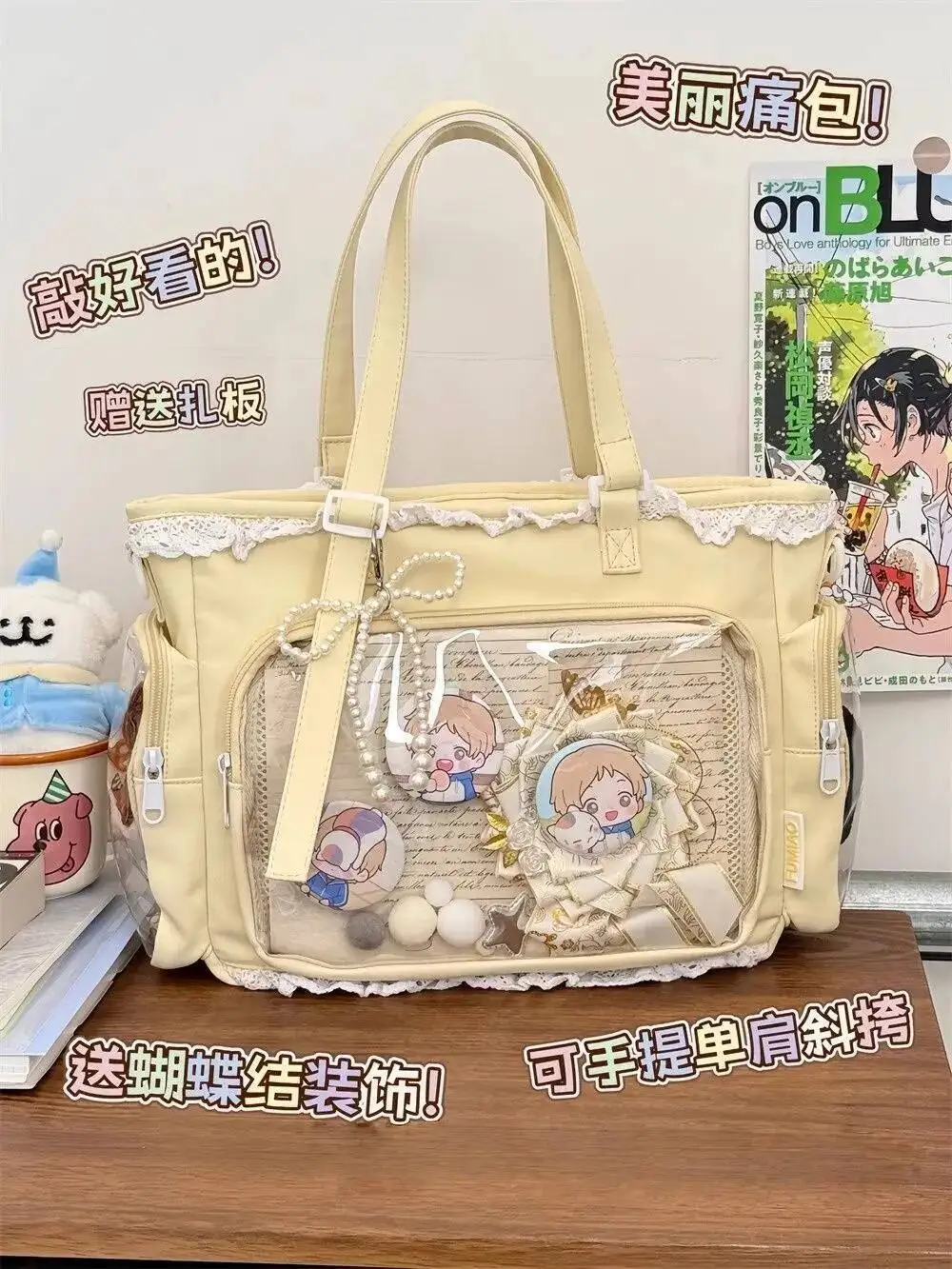 Japanese Sweet Women Ribbon Ita Bag Cute Lolita Girl Transparent Handbags Fashion Large Capacity Tote Bag Aesthetic Shoulder Bag