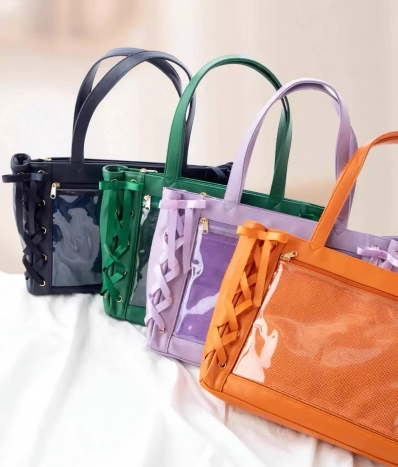 Japanese Sweet Women Ribbon Ita Bag Cute Lolita Girl Transparent Handbags Fashion Large Capacity Tote Bag Aesthetic Shoulder Bag