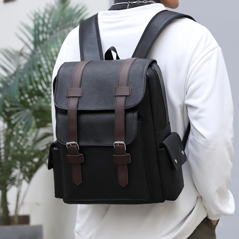 2023 Men Backpack PU Leather Bagpack Large Laptop Backpacks Male Mochilas Black Schoolbag For Teenagers Boys Brown Sac A Dos