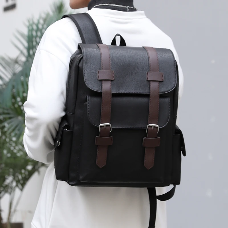 2023 Men Backpack PU Leather Bagpack Large Laptop Backpacks Male Mochilas Black Schoolbag For Teenagers Boys Brown Sac A Dos