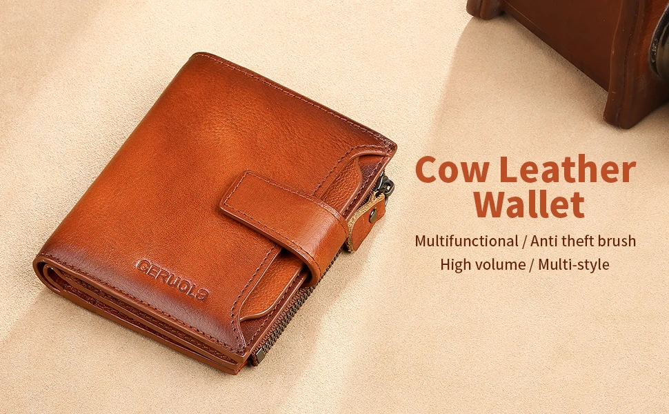 GERUOLA Men's Genuine Leather Wallet, Vintage RFID Blocking Anti-Theft Folding Wallet, ID Window, Coin Pocket, and Zipper Closur