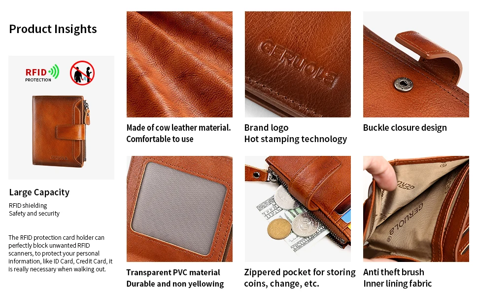 GERUOLA Men's Genuine Leather Wallet, Vintage RFID Blocking Anti-Theft Folding Wallet, ID Window, Coin Pocket, and Zipper Closur