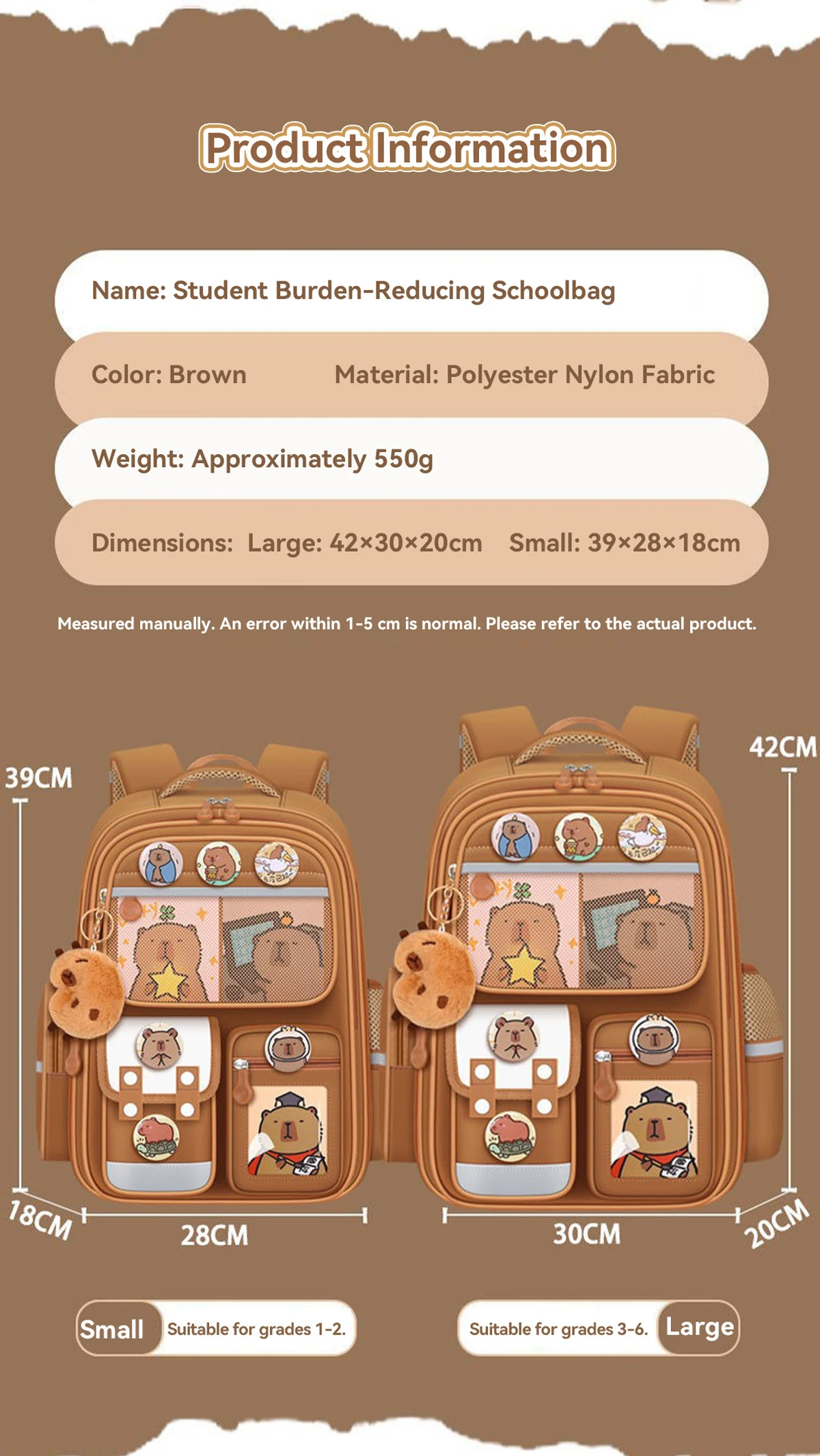 Waterproof Capybara Backpack Large Capacity Ergonomic Spine Protection Comfortable Wide Straps School College Bag for Students