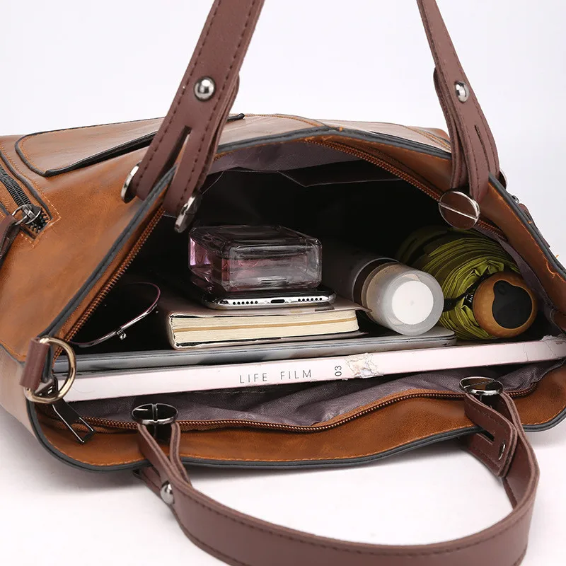 Europe America Retro Leather Handbag Shoulder Bag, Two Pocket Zipper Tote Bag, Classic Crossbody Bags for Women Work Business