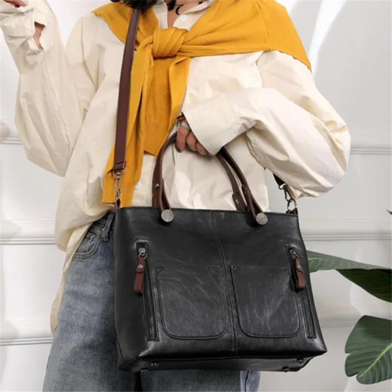 Europe America Retro Leather Handbag Shoulder Bag, Two Pocket Zipper Tote Bag, Classic Crossbody Bags for Women Work Business