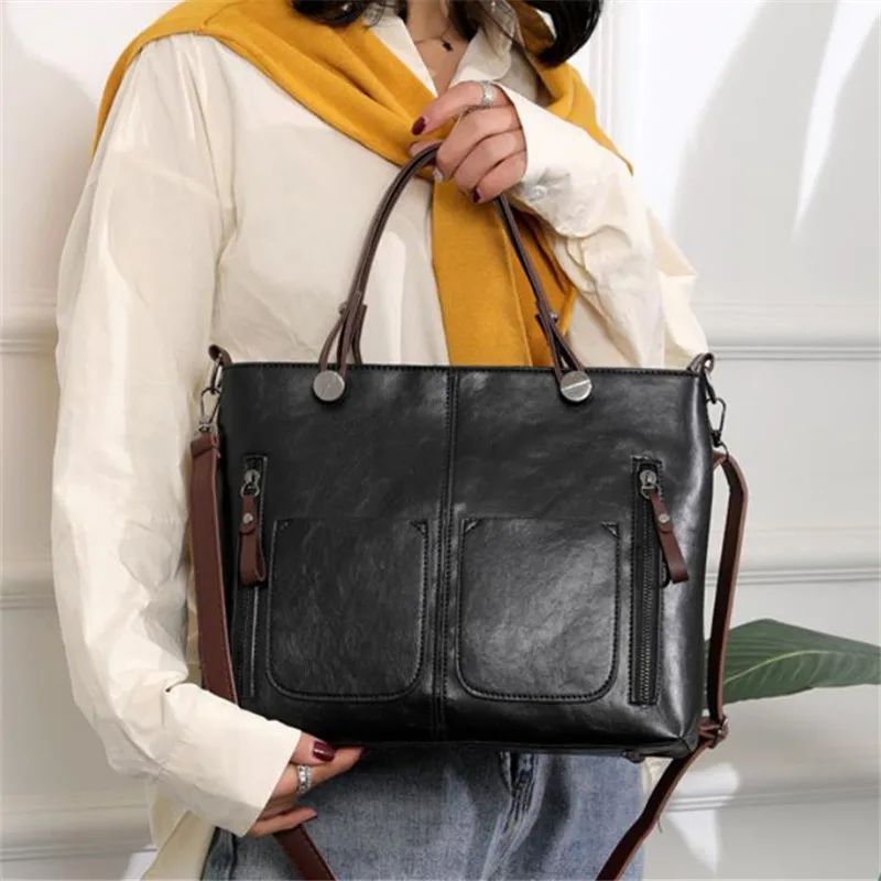 Europe America Retro Leather Handbag Shoulder Bag, Two Pocket Zipper Tote Bag, Classic Crossbody Bags for Women Work Business