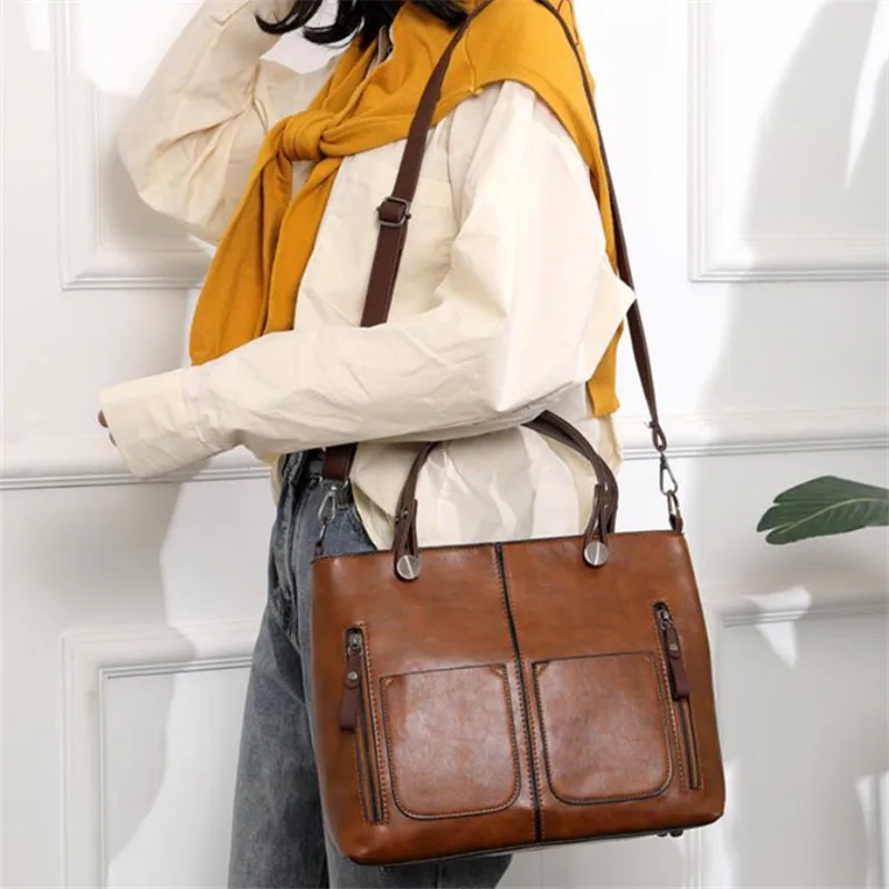 Europe America Retro Leather Handbag Shoulder Bag, Two Pocket Zipper Tote Bag, Classic Crossbody Bags for Women Work Business