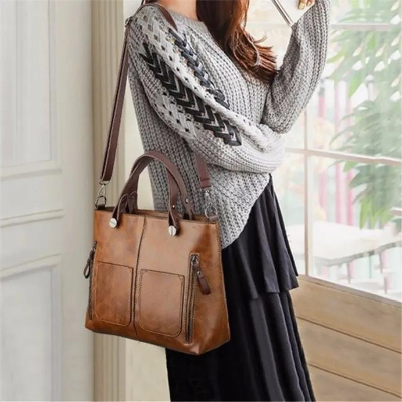 Europe America Retro Leather Handbag Shoulder Bag, Two Pocket Zipper Tote Bag, Classic Crossbody Bags for Women Work Business