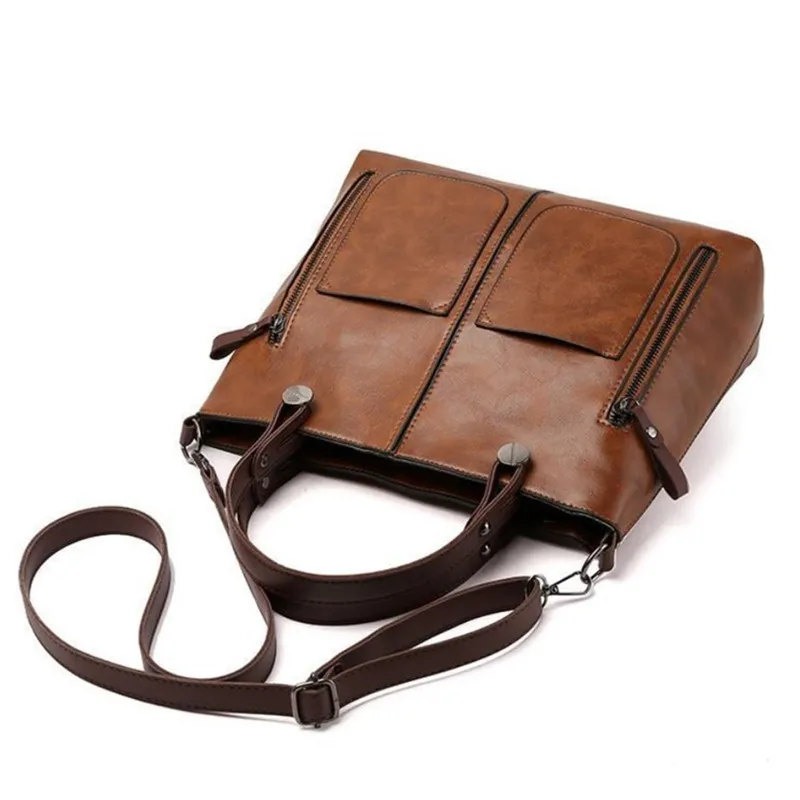 Europe America Retro Leather Handbag Shoulder Bag, Two Pocket Zipper Tote Bag, Classic Crossbody Bags for Women Work Business