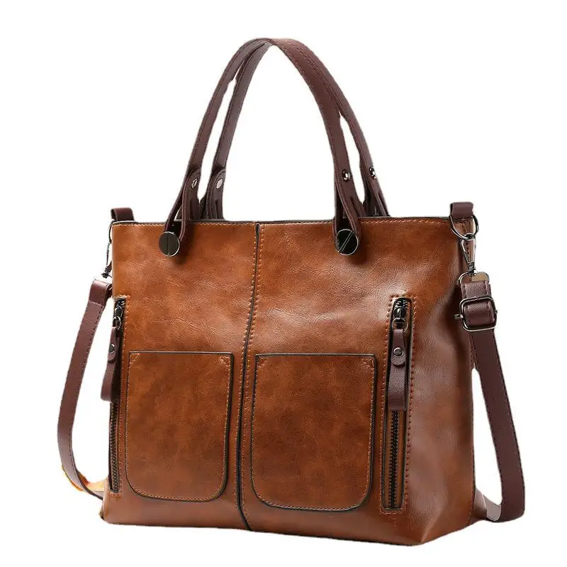 Europe America Retro Leather Handbag Shoulder Bag, Two Pocket Zipper Tote Bag, Classic Crossbody Bags for Women Work Business