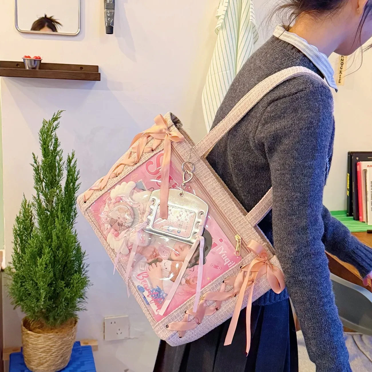 New Y2K Ribbon Bow Japanese Ita Shoulder Bag Cute Girl Transparent Pocket Large Capacity Crossbody Tote Bag DIY Display Handbags