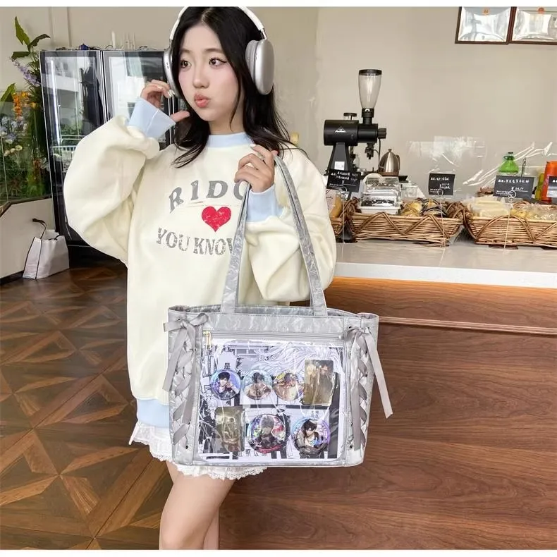 New Y2K Ribbon Bow Japanese Ita Shoulder Bag Cute Girl Transparent Pocket Large Capacity Crossbody Tote Bag DIY Display Handbags