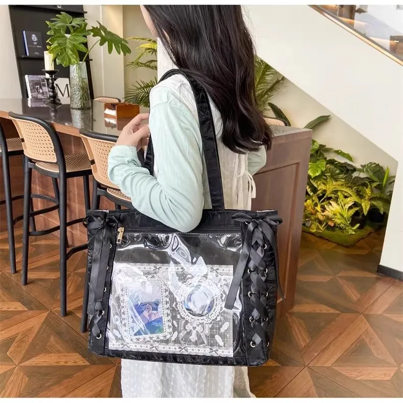 New Y2K Ribbon Bow Japanese Ita Shoulder Bag Cute Girl Transparent Pocket Large Capacity Crossbody Tote Bag DIY Display Handbags