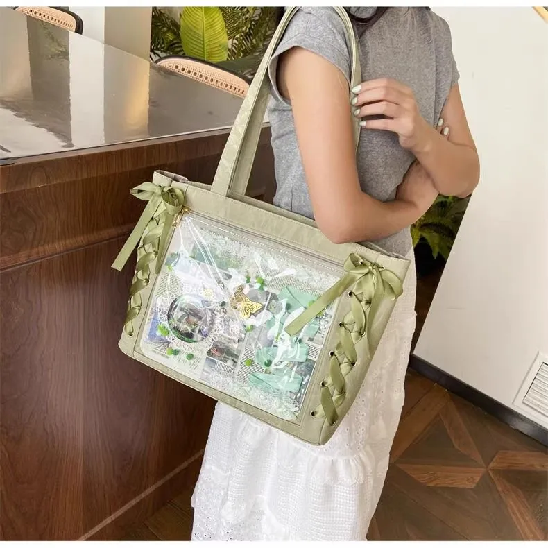 New Y2K Ribbon Bow Japanese Ita Shoulder Bag Cute Girl Transparent Pocket Large Capacity Crossbody Tote Bag DIY Display Handbags