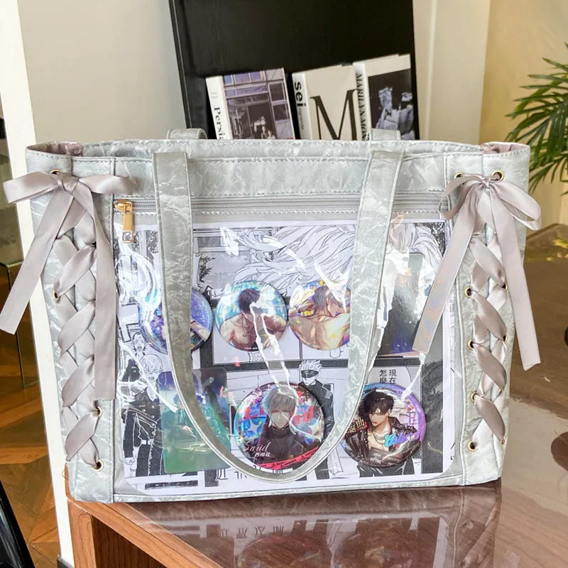 New Y2K Ribbon Bow Japanese Ita Shoulder Bag Cute Girl Transparent Pocket Large Capacity Crossbody Tote Bag DIY Display Handbags