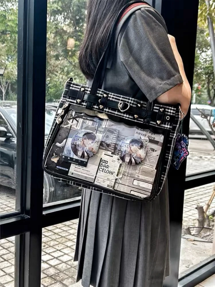 Women Fashion Checkered Pattern Retro Ita Bag Cute Girl Transparent Large Capacity Tote Bag DIY Display Handbag New Shoulder Bag