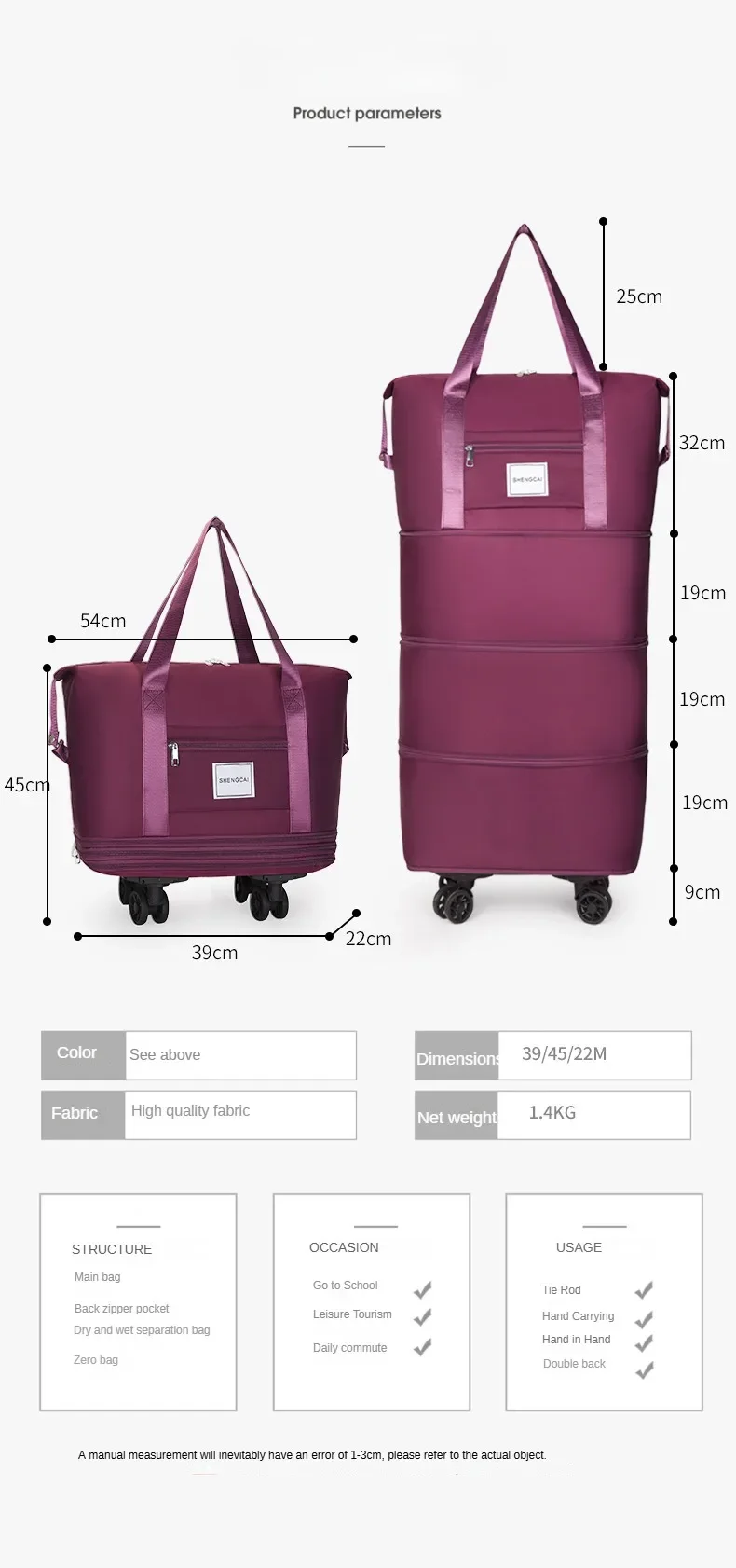 Travel Bag, Backpack Large-Capacity Disassembly Universal Wheel Storage Bag, Duffel Bag Portable Multi-Layer Checked With Wheel