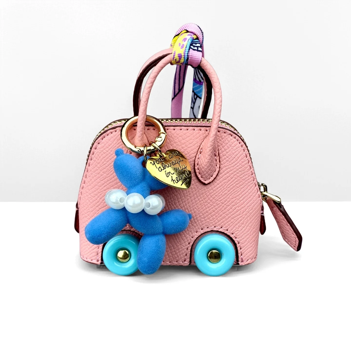 Cute PU Leather Mini Wheel Bag Charm with Flocked Balloon Dog Charm-Small Cute Coin Purse Pouch for Earbuds, Cables & Cash/Gift