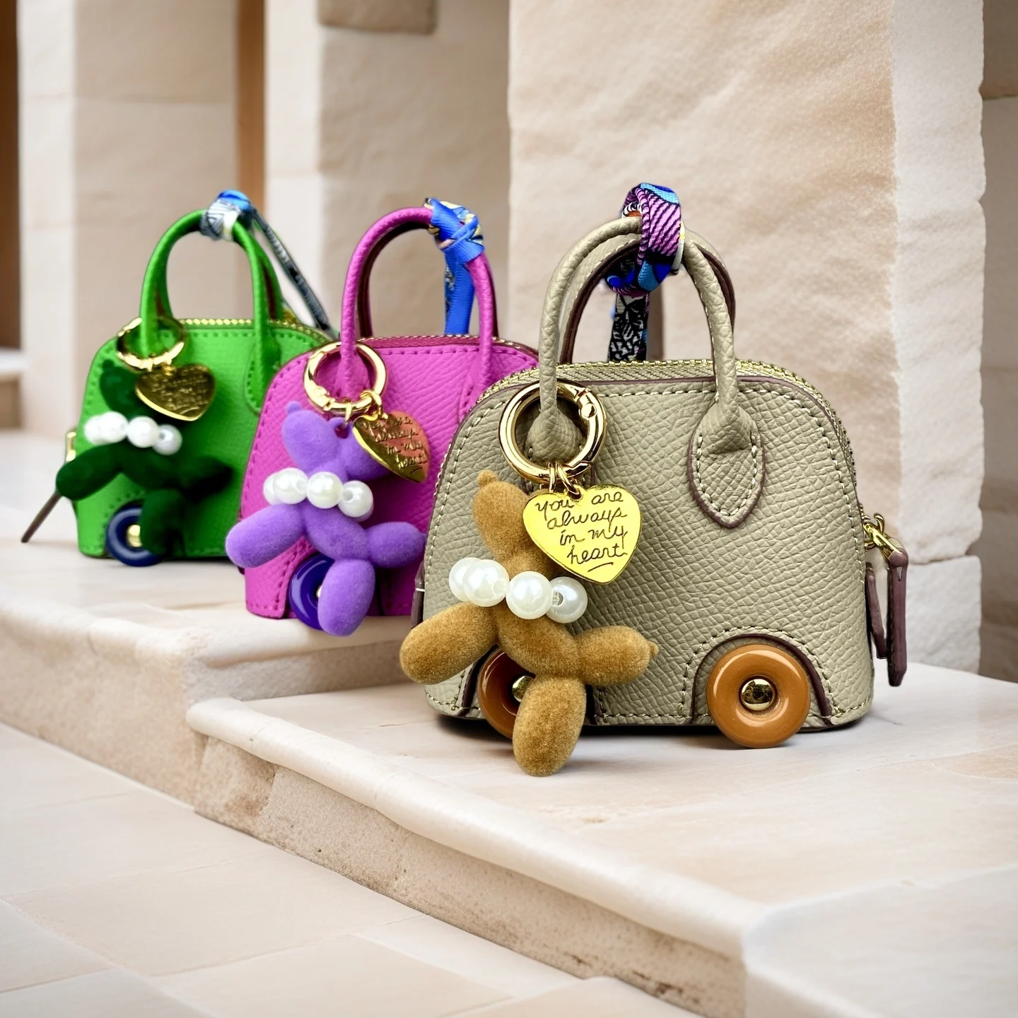 Cute PU Leather Mini Wheel Bag Charm with Flocked Balloon Dog Charm-Small Cute Coin Purse Pouch for Earbuds, Cables & Cash/Gift