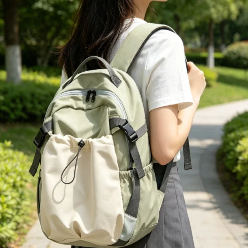 Fashion Nylon Backpack with Drawstring Side Pocket Adjustable Padded Straps for Outdoor Daily Use Large Capacity Shoulder Bag