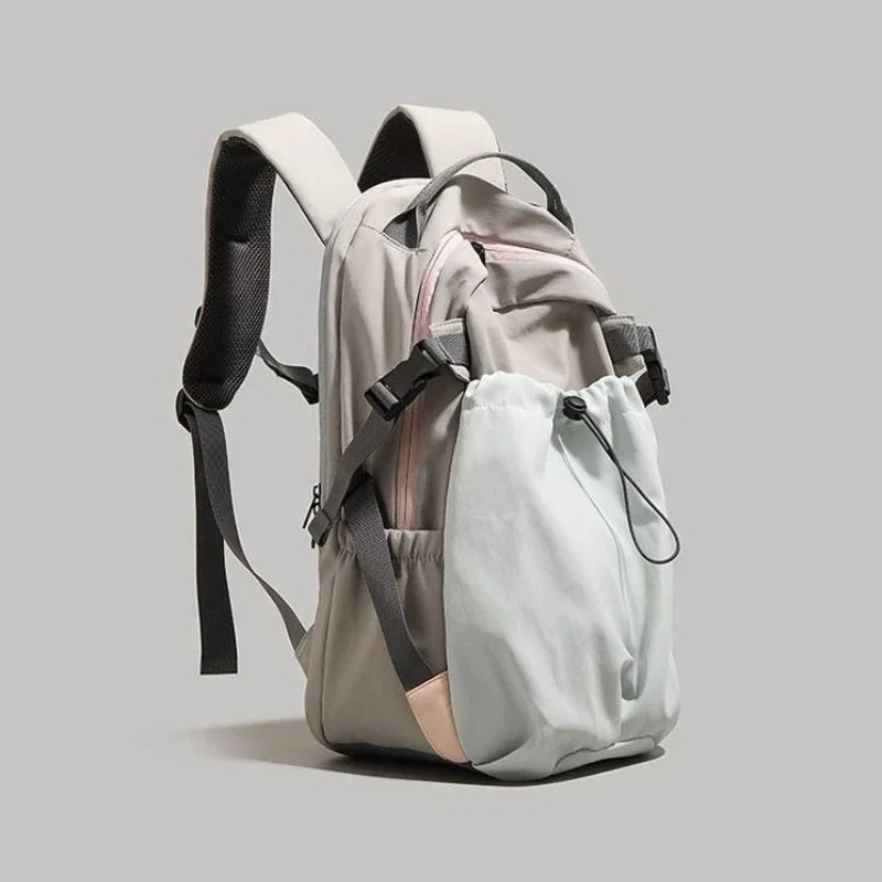 Fashion Nylon Backpack with Drawstring Side Pocket Adjustable Padded Straps for Outdoor Daily Use Large Capacity Shoulder Bag