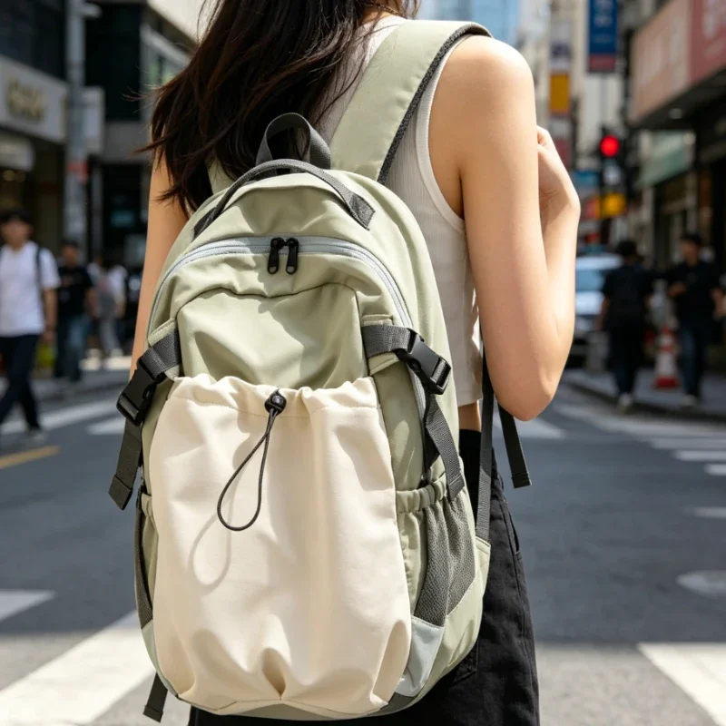 Fashion Nylon Backpack with Drawstring Side Pocket Adjustable Padded Straps for Outdoor Daily Use Large Capacity Shoulder Bag