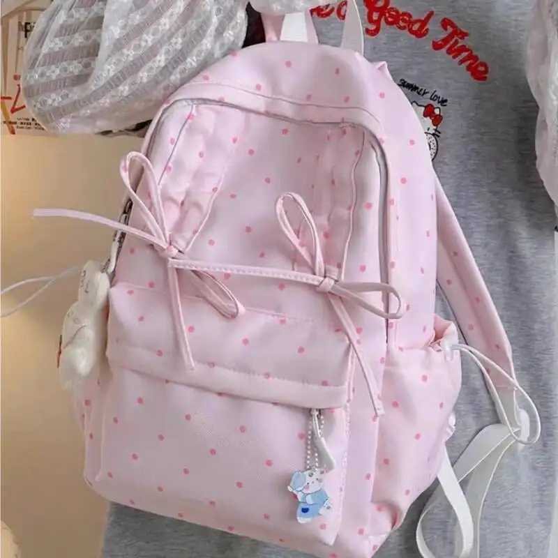 New Y2k Cute Polka Dot Backpack Sweet Girl Bow Small Knapsack Large Capacity Students Schoolbag Women's Fashion Outdoor Rucksack