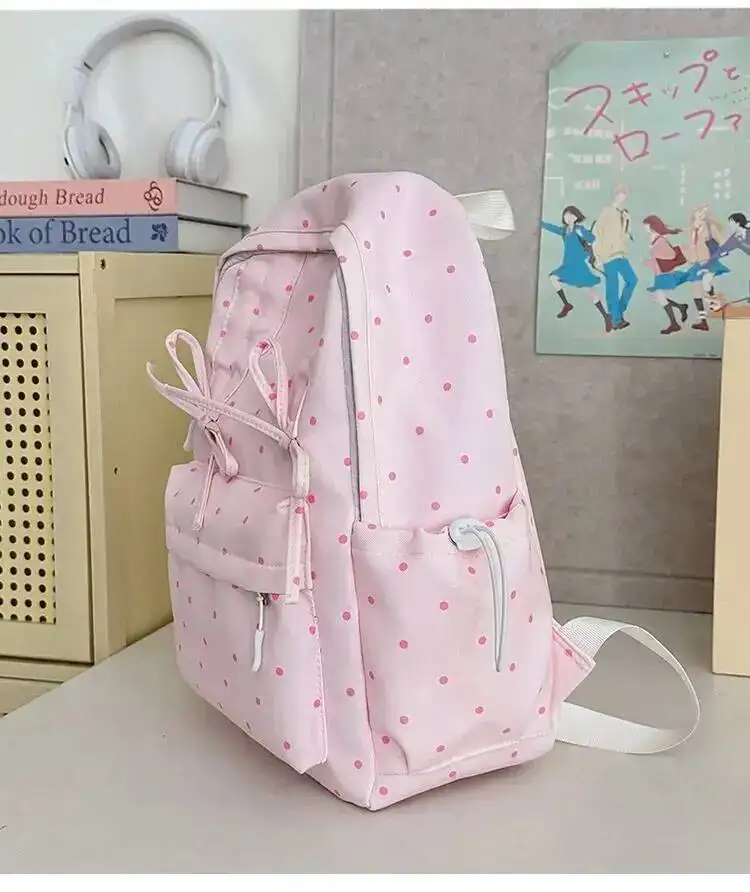 New Y2k Cute Polka Dot Backpack Sweet Girl Bow Small Knapsack Large Capacity Students Schoolbag Women's Fashion Outdoor Rucksack