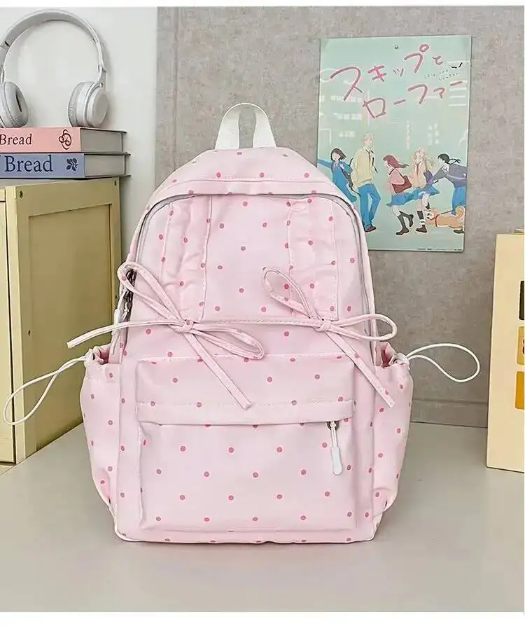 New Y2k Cute Polka Dot Backpack Sweet Girl Bow Small Knapsack Large Capacity Students Schoolbag Women's Fashion Outdoor Rucksack