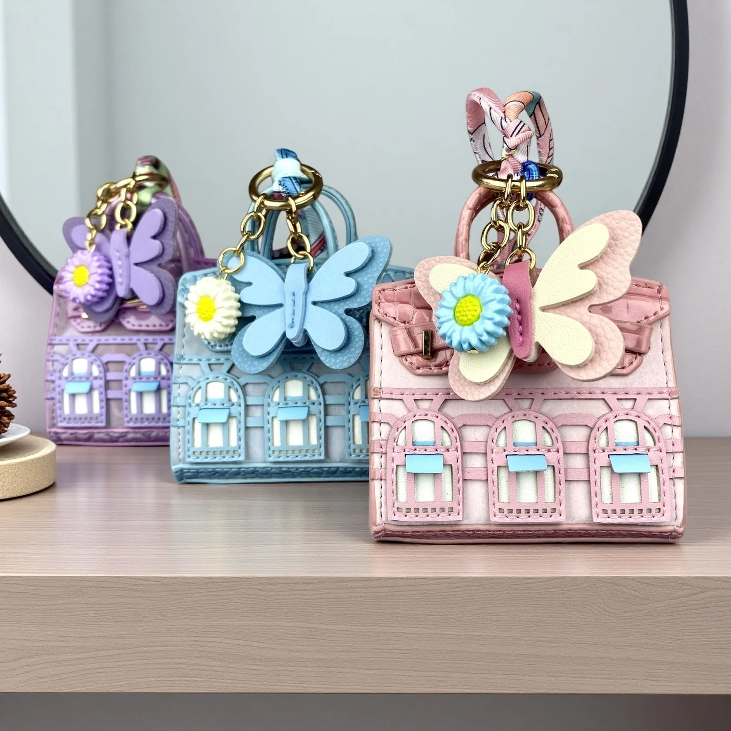Adorable Mini Velvet PU Leather Earphone Pouch With Butterfly&Daisy Charm-Functional Mini Bag For Bag Charm-Elegant Style-Gift