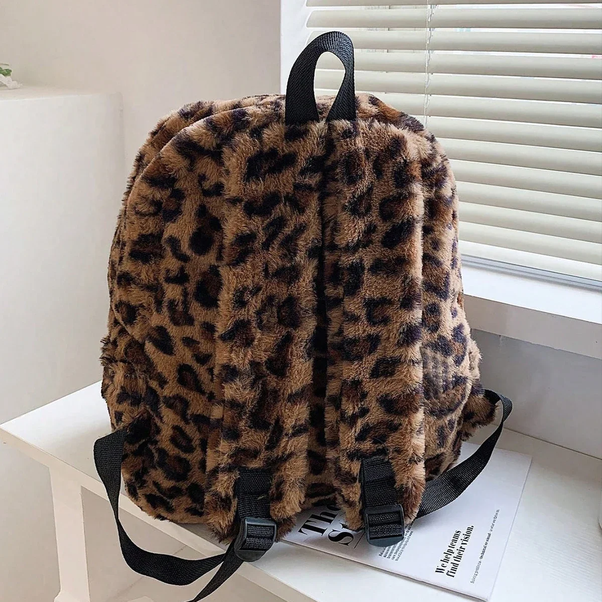 Luxury Leopard Print Womens Backpack Brown Pattern Multi Pocket Large Capacity Plush Material Zipper Adjustable Straps Commute