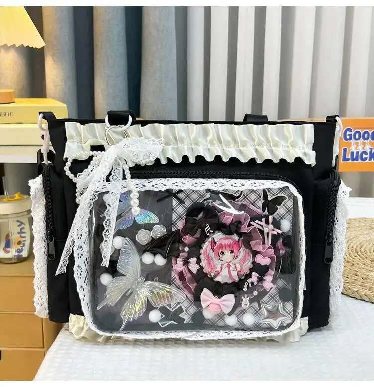 Y2k New Sweet Ita Shoulder Bag Lolita Girl Transparent Crossbody Bag Women Large Capacity Lace Tote Bag Cute DIY Display Handbag