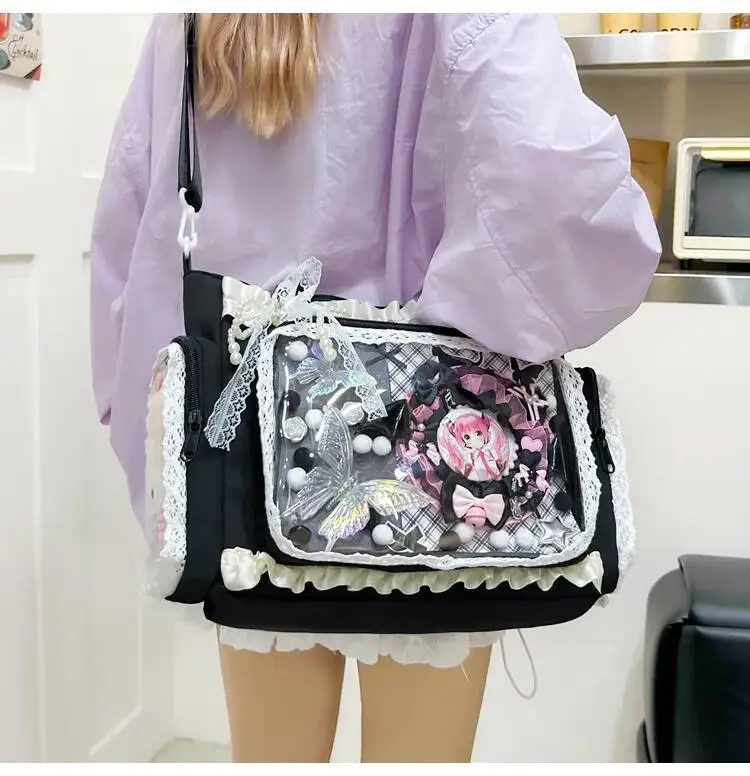 Y2k New Sweet Ita Shoulder Bag Lolita Girl Transparent Crossbody Bag Women Large Capacity Lace Tote Bag Cute DIY Display Handbag