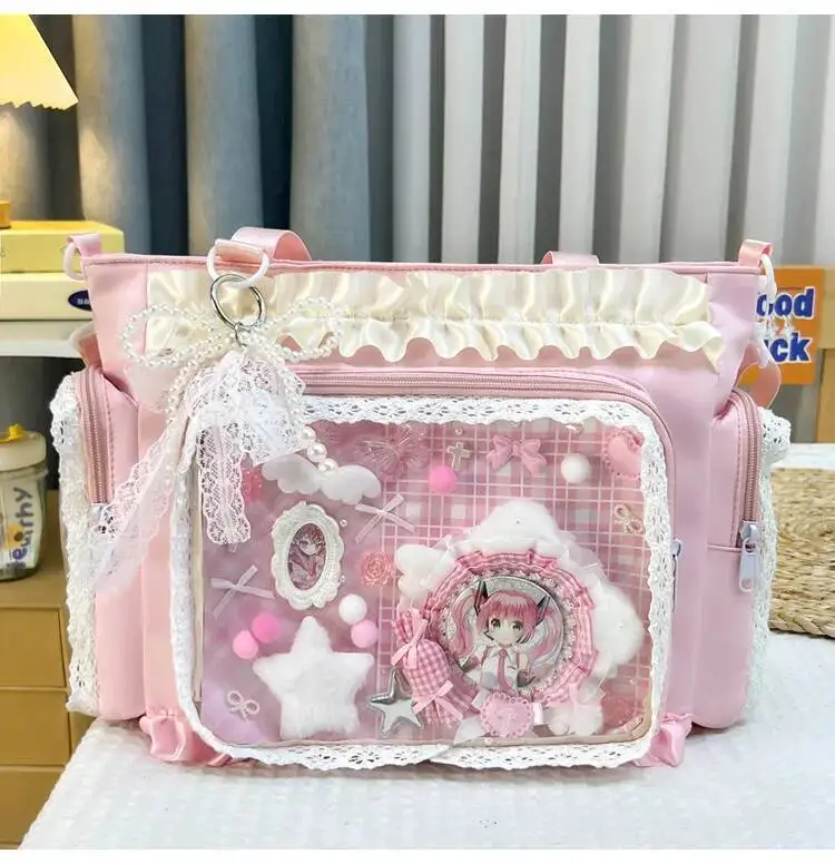 Y2k New Sweet Ita Shoulder Bag Lolita Girl Transparent Crossbody Bag Women Large Capacity Lace Tote Bag Cute DIY Display Handbag