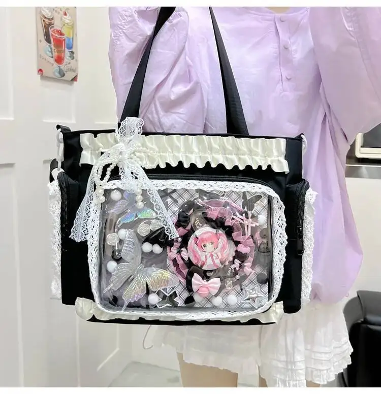 Y2k New Sweet Ita Shoulder Bag Lolita Girl Transparent Crossbody Bag Women Large Capacity Lace Tote Bag Cute DIY Display Handbag