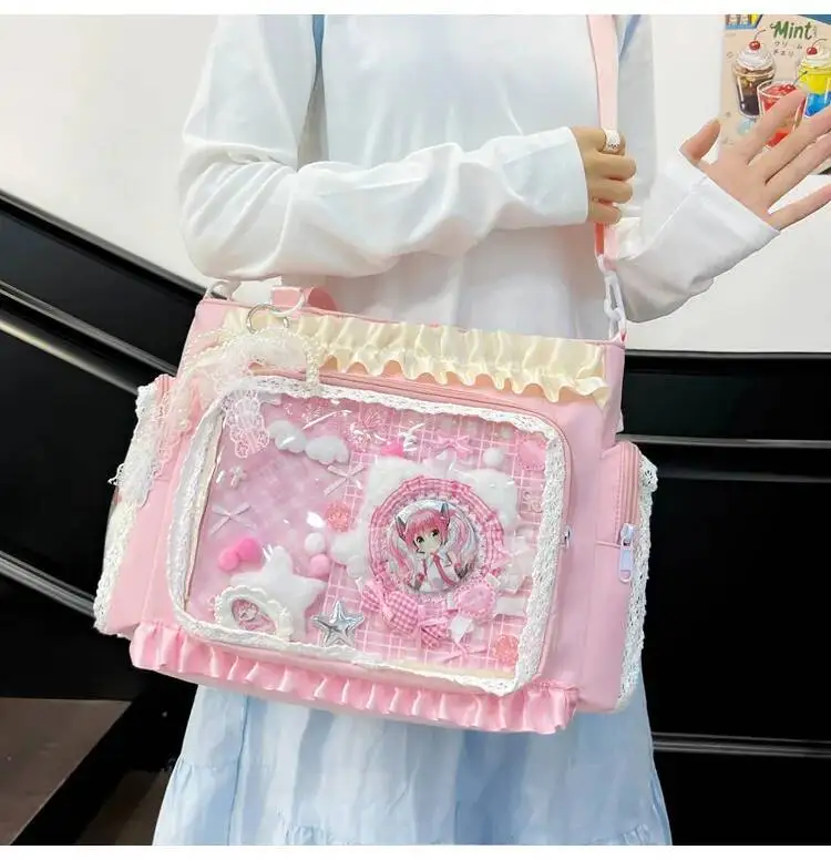 Y2k New Sweet Ita Shoulder Bag Lolita Girl Transparent Crossbody Bag Women Large Capacity Lace Tote Bag Cute DIY Display Handbag