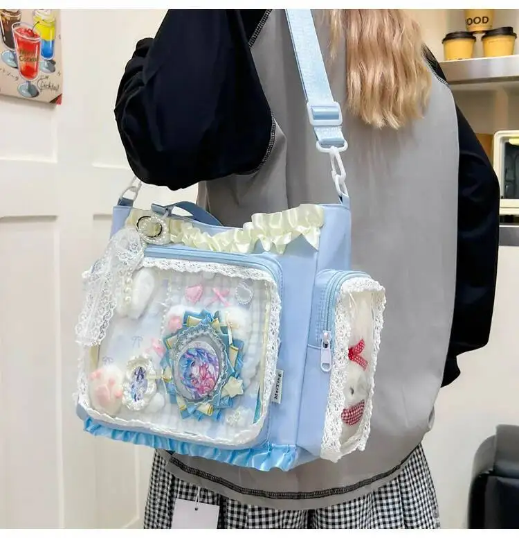 Y2k New Sweet Ita Shoulder Bag Lolita Girl Transparent Crossbody Bag Women Large Capacity Lace Tote Bag Cute DIY Display Handbag