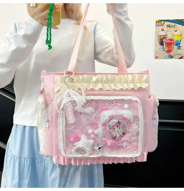 Y2k New Sweet Ita Shoulder Bag Lolita Girl Transparent Crossbody Bag Women Large Capacity Lace Tote Bag Cute DIY Display Handbag