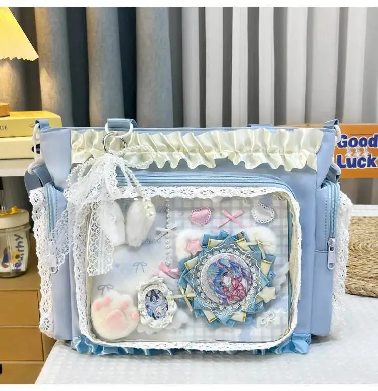 Y2k New Sweet Ita Shoulder Bag Lolita Girl Transparent Crossbody Bag Women Large Capacity Lace Tote Bag Cute DIY Display Handbag