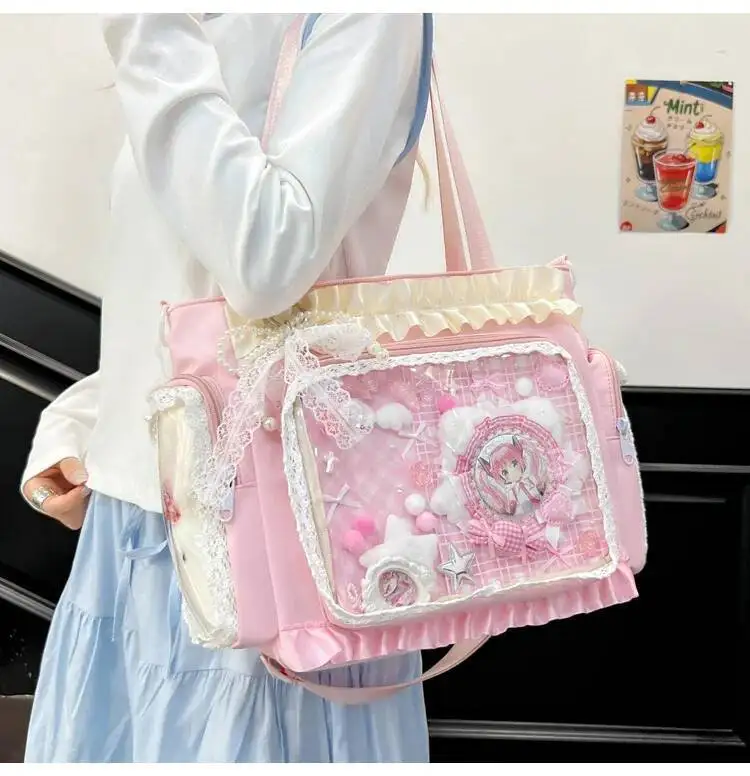 Y2k New Sweet Ita Shoulder Bag Lolita Girl Transparent Crossbody Bag Women Large Capacity Lace Tote Bag Cute DIY Display Handbag