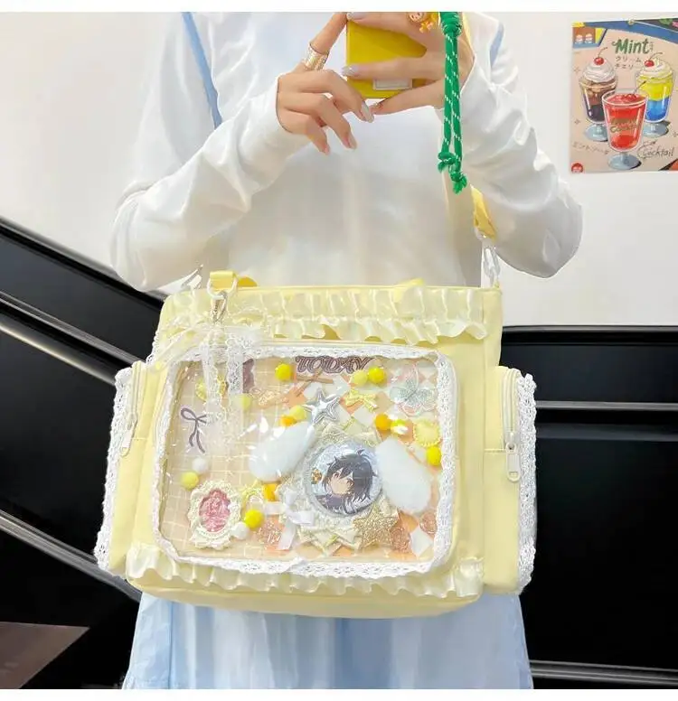 Y2k New Sweet Ita Shoulder Bag Lolita Girl Transparent Crossbody Bag Women Large Capacity Lace Tote Bag Cute DIY Display Handbag