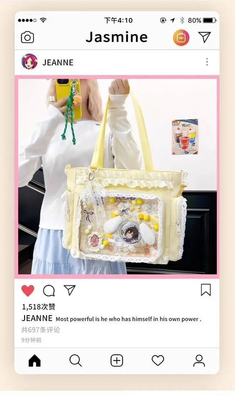 Y2k New Sweet Ita Shoulder Bag Lolita Girl Transparent Crossbody Bag Women Large Capacity Lace Tote Bag Cute DIY Display Handbag
